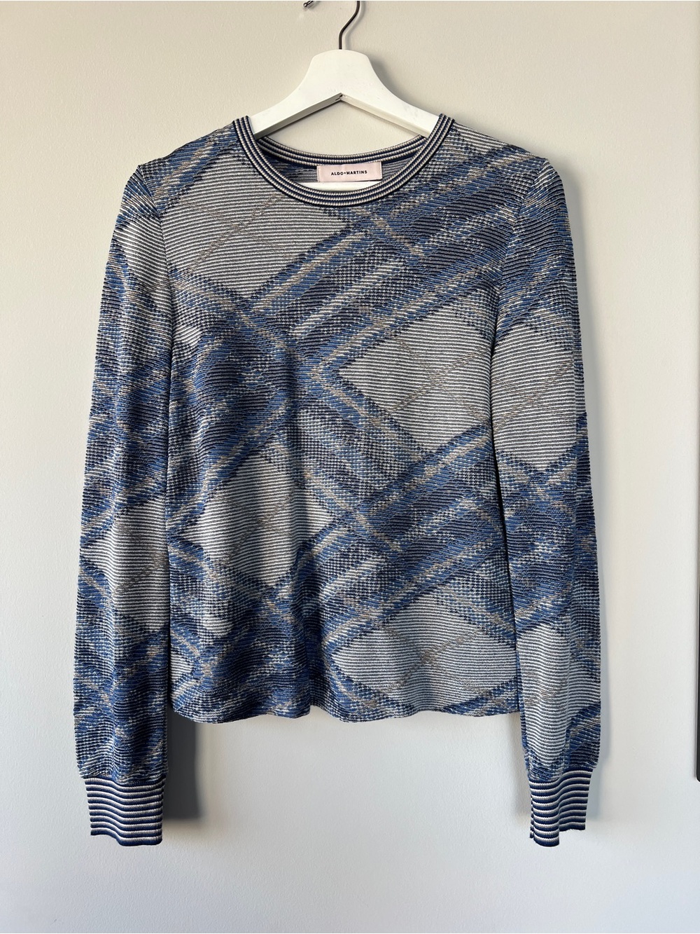 Aldomartins Blue & Gray Abstract Plaid Crewneck Sweater